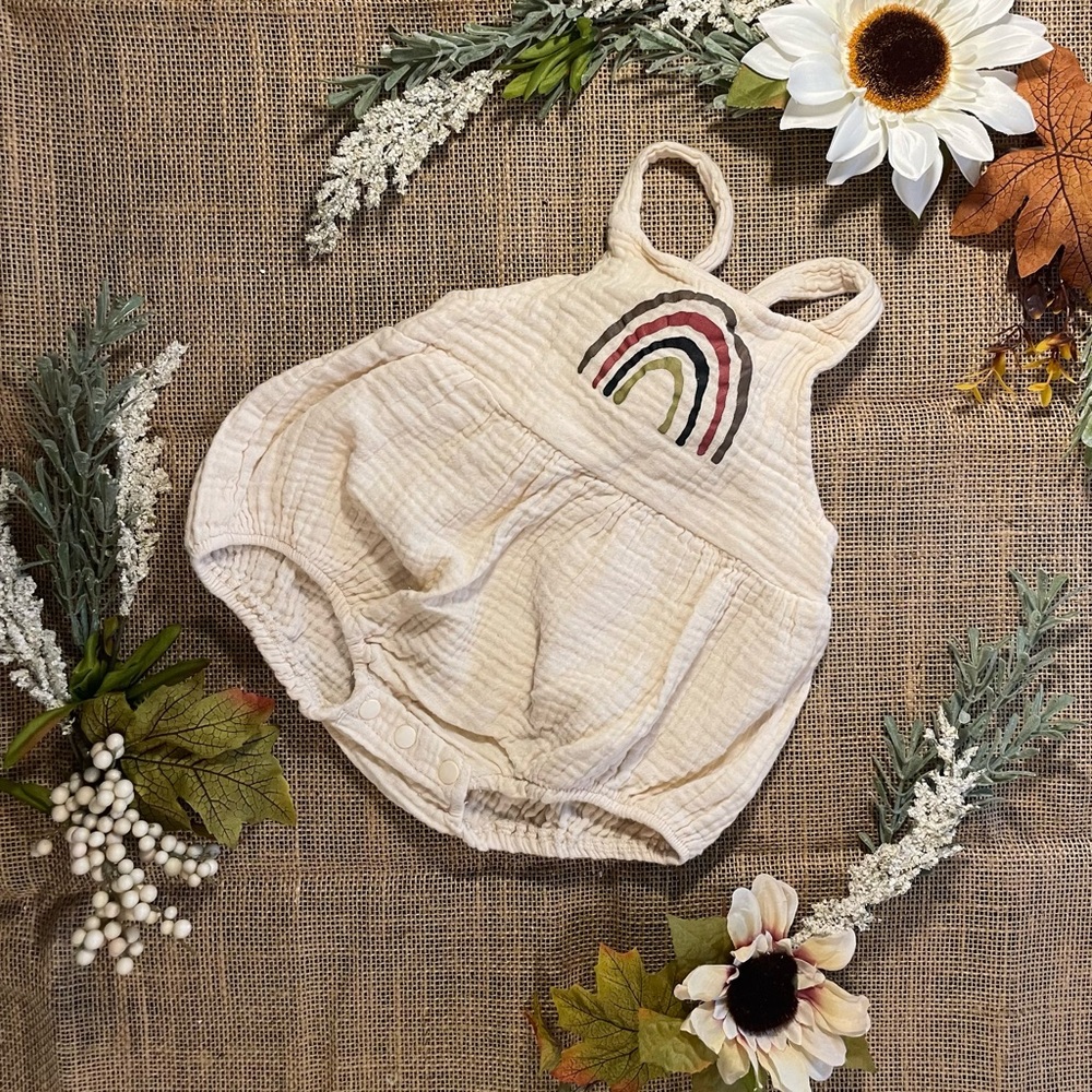 Boutique Unisex Crepe Blended Rainbow Romper Open Tieback in Neutral Apricot